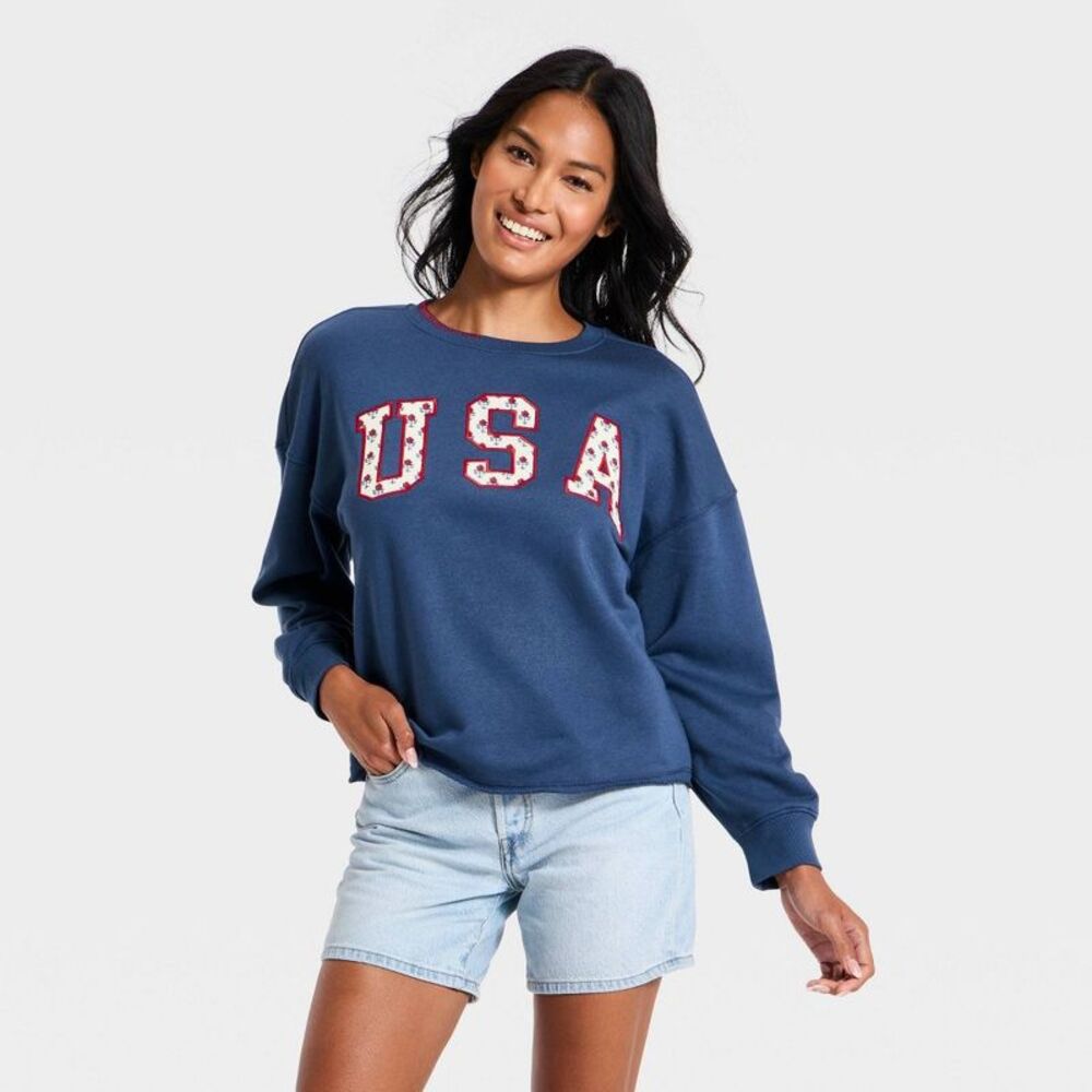 Women's Americana Pullover Sweatshirt - Navy Blue Letters L